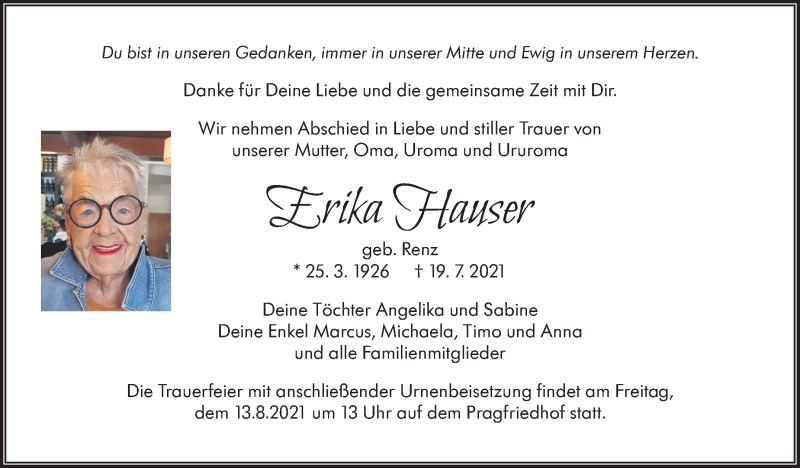  Traueranzeige für Erika Hauser vom 24.07.2021 aus Stuttgarter Zeitung / Stuttgarter Nachrichten