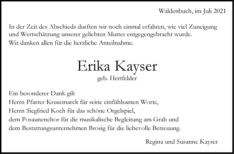  Traueranzeige für Erika Kayser vom 08.07.2021 aus Stuttgarter Zeitung / Stuttgarter Nachrichten