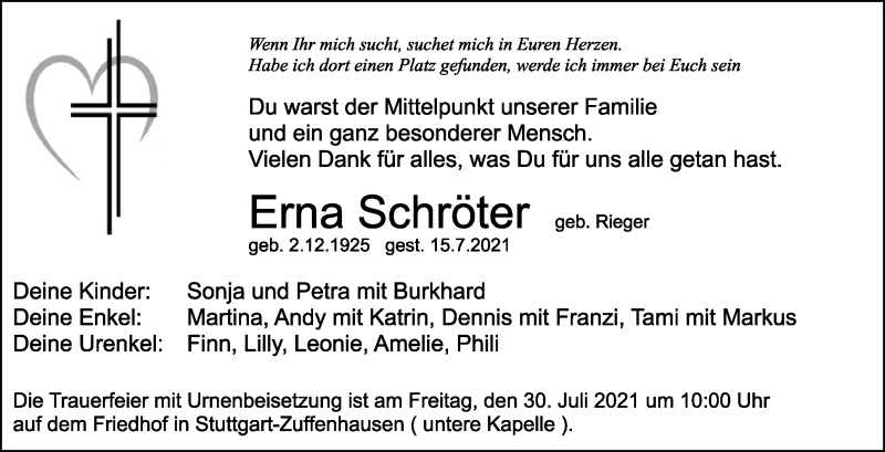  Traueranzeige für Erna Schröter vom 24.07.2021 aus Stuttgarter Zeitung / Stuttgarter Nachrichten