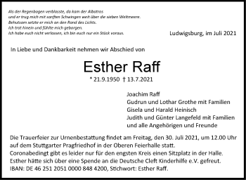 Traueranzeige von Esther Raff von Stuttgarter Zeitung / Stuttgarter Nachrichten
