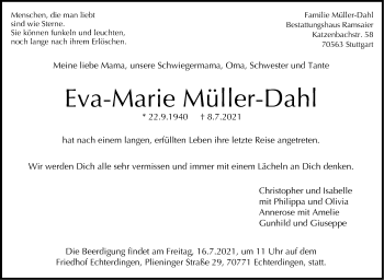 Traueranzeige von Eva-Marie Müller-Dahl von Stuttgarter Zeitung / Stuttgarter Nachrichten