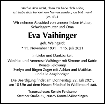 Traueranzeige von Eva Vaihinger von Stuttgarter Zeitung / Stuttgarter Nachrichten