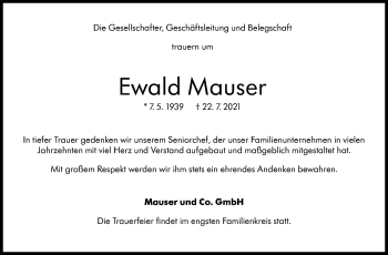 Traueranzeige von Ewald Mauser von Stuttgarter Zeitung / Stuttgarter Nachrichten
