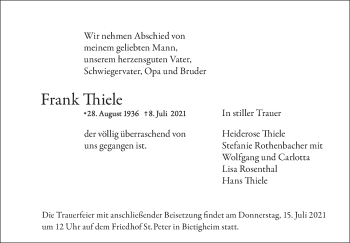 Traueranzeige von Frank Thiele von Stuttgarter Zeitung / Stuttgarter Nachrichten