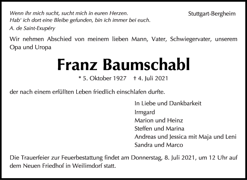  Traueranzeige für Franz Baumschabl vom 06.07.2021 aus Stuttgarter Zeitung / Stuttgarter Nachrichten