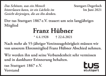 Traueranzeige von Franz Hübner von Stuttgarter Zeitung / Stuttgarter Nachrichten