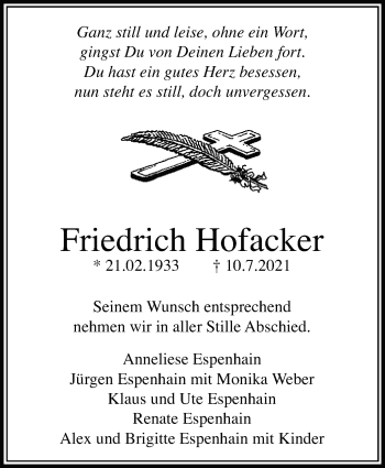 Traueranzeige von Friedrich Hofacker von Stuttgarter Zeitung / Stuttgarter Nachrichten