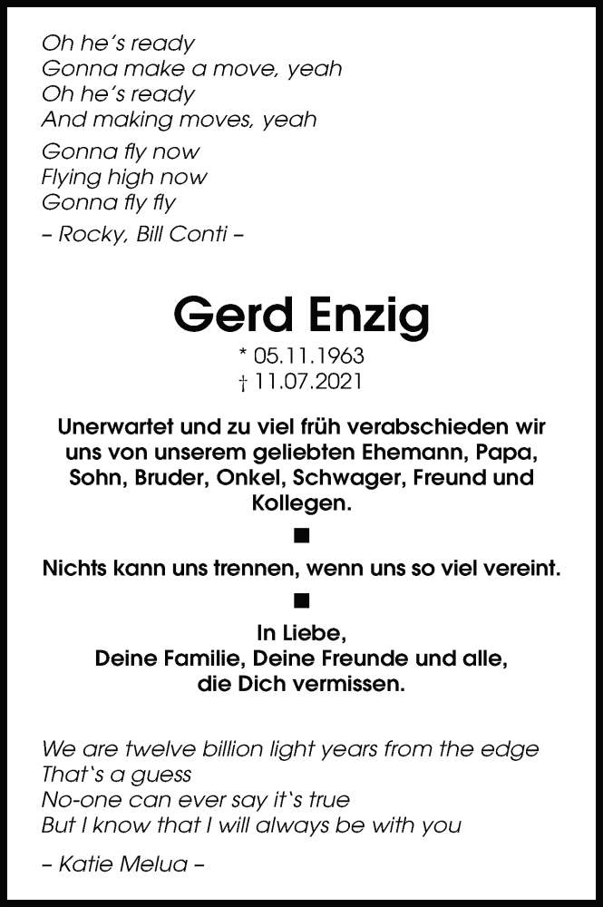  Traueranzeige für Gerd Enzig vom 20.07.2021 aus Stuttgarter Zeitung / Stuttgarter Nachrichten