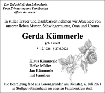 Traueranzeige von Gerda Kümmerle von Stuttgarter Zeitung / Stuttgarter Nachrichten