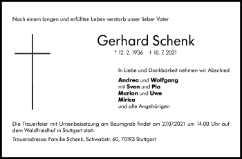 Traueranzeige von Gerhard Schenk von Stuttgarter Zeitung / Stuttgarter Nachrichten