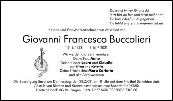 Traueranzeige von Giovanni Francesco Buccolieri von Stuttgarter Zeitung / Stuttgarter Nachrichten