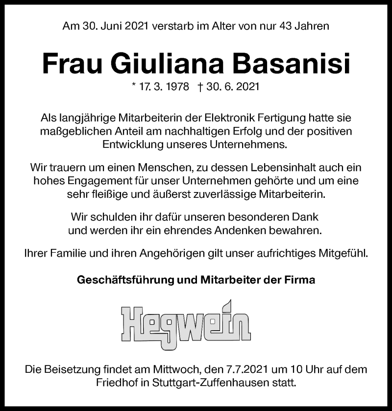  Traueranzeige für Giuliana Basanisi vom 03.07.2021 aus Stuttgarter Zeitung / Stuttgarter Nachrichten
