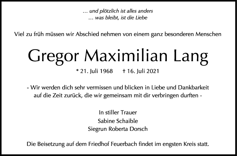  Traueranzeige für Gregor Maximilian Lang vom 21.07.2021 aus Stuttgarter Zeitung / Stuttgarter Nachrichten