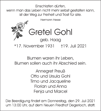 Traueranzeige von Gretel Gohl von Stuttgarter Zeitung / Stuttgarter Nachrichten