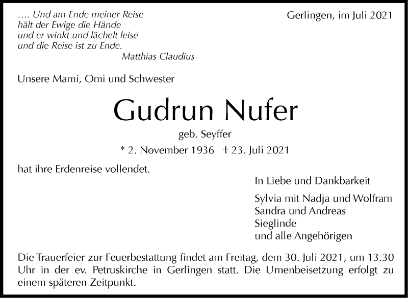  Traueranzeige für Gudrun Nufer vom 28.07.2021 aus Stuttgarter Zeitung / Stuttgarter Nachrichten