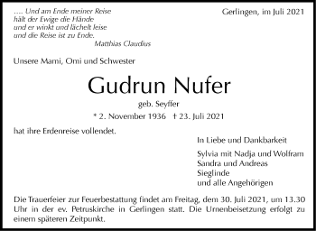 Traueranzeige von Gudrun Nufer von Stuttgarter Zeitung / Stuttgarter Nachrichten