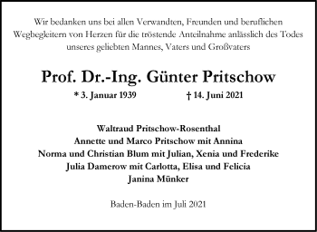 Traueranzeige von Günter Pritschow von Stuttgarter Zeitung / Stuttgarter Nachrichten