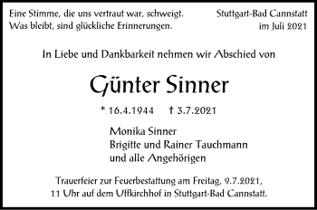 Traueranzeige von Günter Sinner von Stuttgarter Zeitung / Stuttgarter Nachrichten
