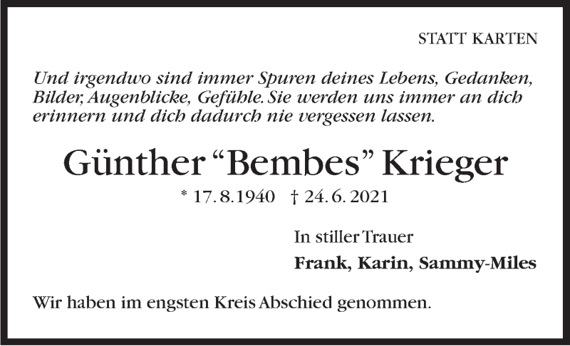 Traueranzeige für Günther Krieger vom 03.07.2021 aus Stuttgarter Zeitung / Stuttgarter Nachrichten
