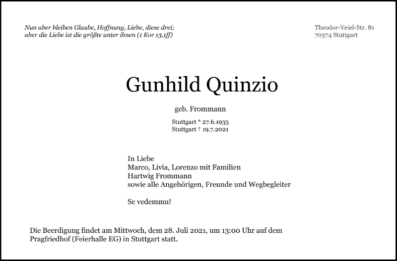  Traueranzeige für Gunhild Quinzio vom 23.07.2021 aus Stuttgarter Zeitung / Stuttgarter Nachrichten