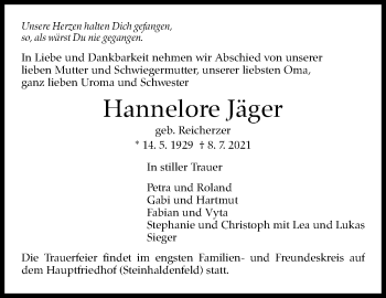 Traueranzeige von Hannelore Jäger von Stuttgarter Zeitung / Stuttgarter Nachrichten