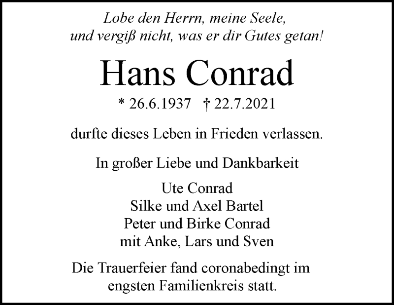  Traueranzeige für Hans Conrad vom 31.07.2021 aus Stuttgarter Zeitung / Stuttgarter Nachrichten