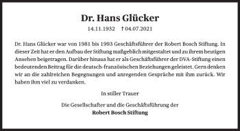 Traueranzeige von Hans Glücker von Stuttgarter Zeitung / Stuttgarter Nachrichten