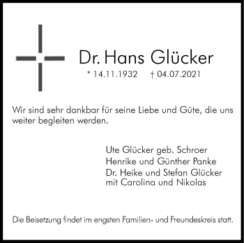 Traueranzeige von Hans Glücker von Stuttgarter Zeitung / Stuttgarter Nachrichten
