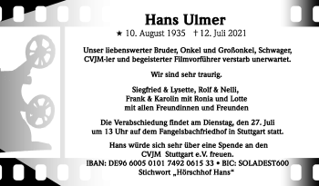 Traueranzeige von Hans Ulmer von Stuttgarter Zeitung / Stuttgarter Nachrichten