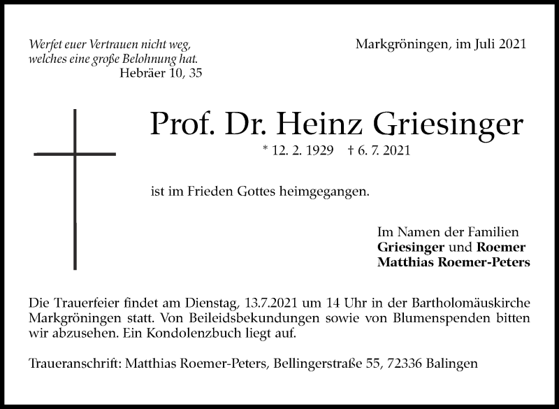  Traueranzeige für Heinz Griesinger vom 09.07.2021 aus Stuttgarter Zeitung / Stuttgarter Nachrichten