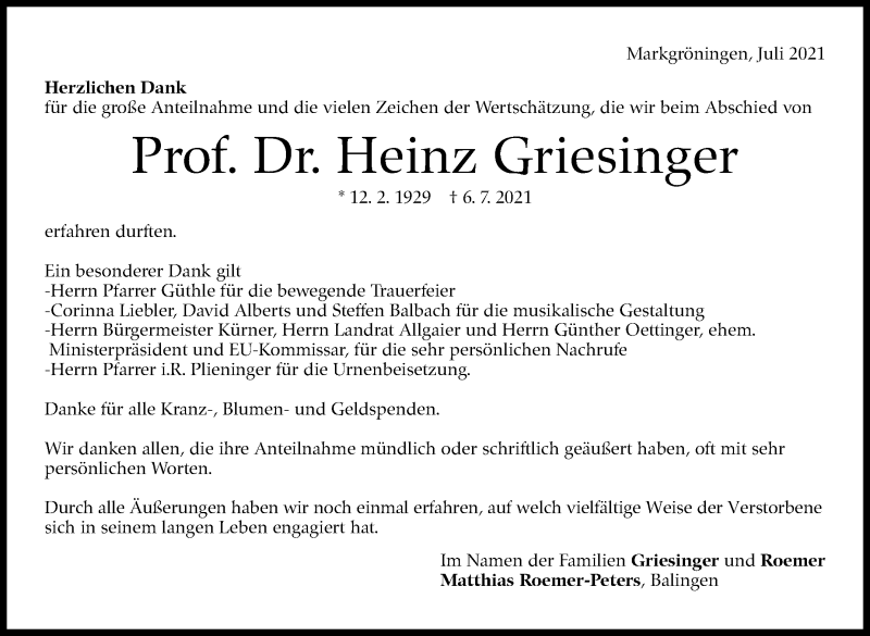  Traueranzeige für Heinz Griesinger vom 30.07.2021 aus Stuttgarter Zeitung / Stuttgarter Nachrichten
