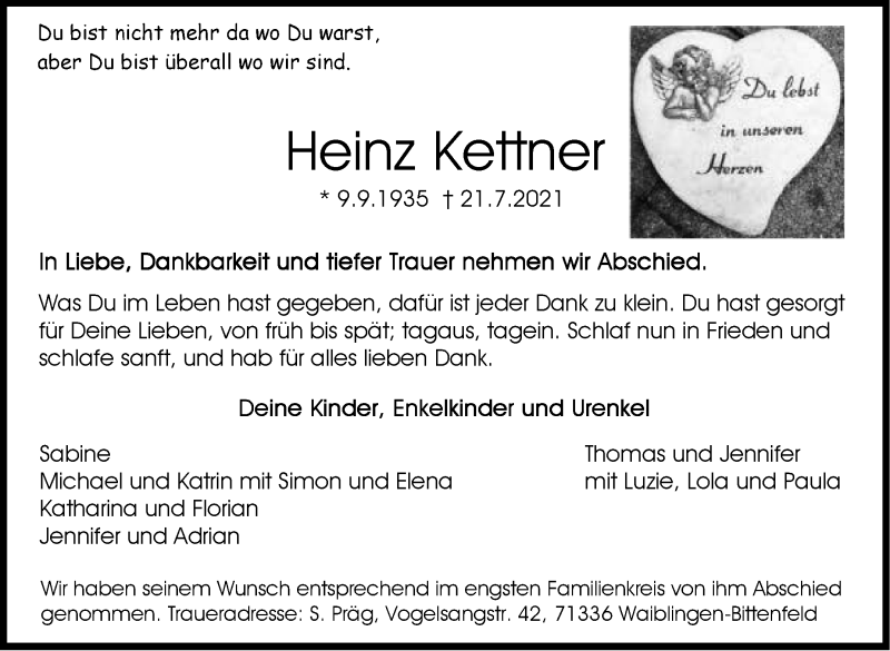  Traueranzeige für Heinz Kether vom 31.07.2021 aus Stuttgarter Zeitung / Stuttgarter Nachrichten