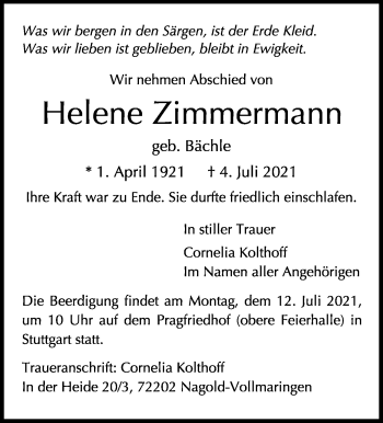 Traueranzeige von Helene Zimmermann von Stuttgarter Zeitung / Stuttgarter Nachrichten