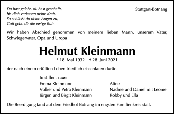Traueranzeige von Helmut Kleinmann von Stuttgarter Zeitung / Stuttgarter Nachrichten