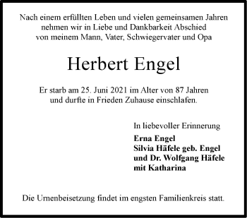 Traueranzeige von Herbert Engel von Stuttgarter Zeitung / Stuttgarter Nachrichten