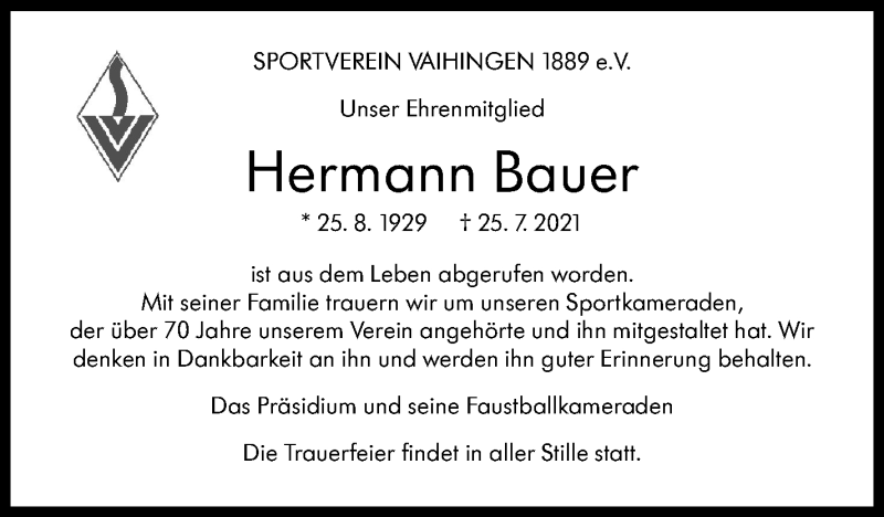  Traueranzeige für Hermann Bauer vom 31.07.2021 aus Stuttgarter Zeitung / Stuttgarter Nachrichten