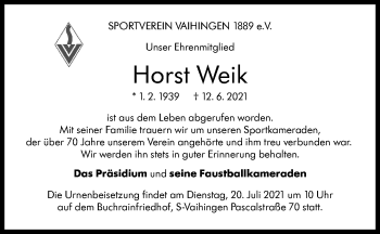 Traueranzeige von Horst Weik von Stuttgarter Zeitung / Stuttgarter Nachrichten