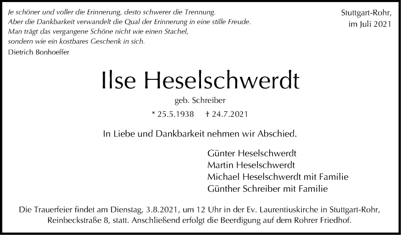  Traueranzeige für Ilse Heselschwerdt vom 31.07.2021 aus Stuttgarter Zeitung / Stuttgarter Nachrichten