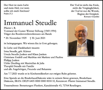 Traueranzeige von Immanuel Steudle von Stuttgarter Zeitung / Stuttgarter Nachrichten
