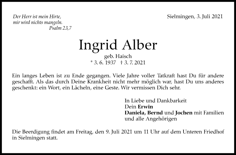  Traueranzeige für Ingrid Alber vom 07.07.2021 aus Stuttgarter Zeitung / Stuttgarter Nachrichten