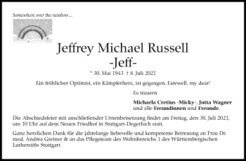 Traueranzeige von Jeffrey Michael Russell von Stuttgarter Zeitung / Stuttgarter Nachrichten