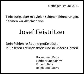 Traueranzeige von Josef Feistritzer von Stuttgarter Zeitung / Stuttgarter Nachrichten