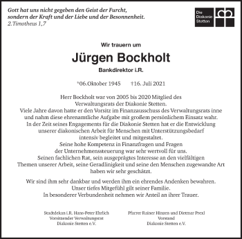 Traueranzeige von Jürgen Bockholt von Stuttgarter Zeitung / Stuttgarter Nachrichten