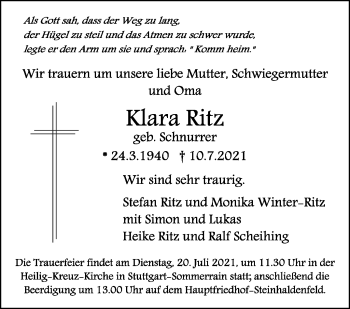 Traueranzeige von Klara Ritz von Stuttgarter Zeitung / Stuttgarter Nachrichten