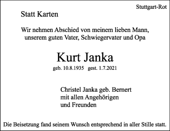 Traueranzeige von Kurt Janka von Stuttgarter Zeitung / Stuttgarter Nachrichten
