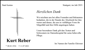 Traueranzeige von Kurt Reber von Stuttgarter Zeitung / Stuttgarter Nachrichten
