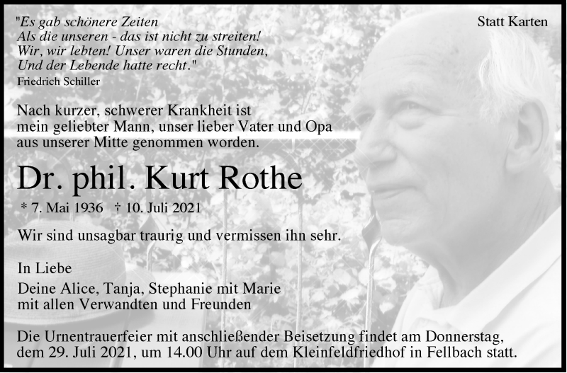  Traueranzeige für Kurt Rothe vom 23.07.2021 aus Stuttgarter Zeitung / Stuttgarter Nachrichten