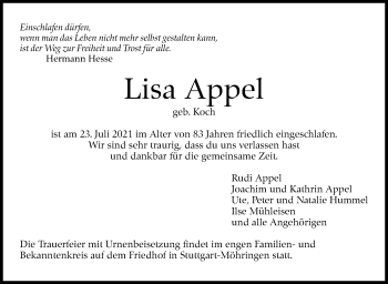 Traueranzeige von Lisa Appel von Stuttgarter Zeitung / Stuttgarter Nachrichten