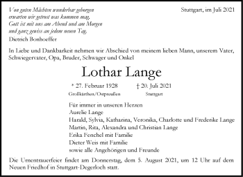 Traueranzeige von Lothar Lange von Stuttgarter Zeitung / Stuttgarter Nachrichten