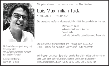 Traueranzeige von Luis Maximilian Tuda von Stuttgarter Zeitung / Stuttgarter Nachrichten
